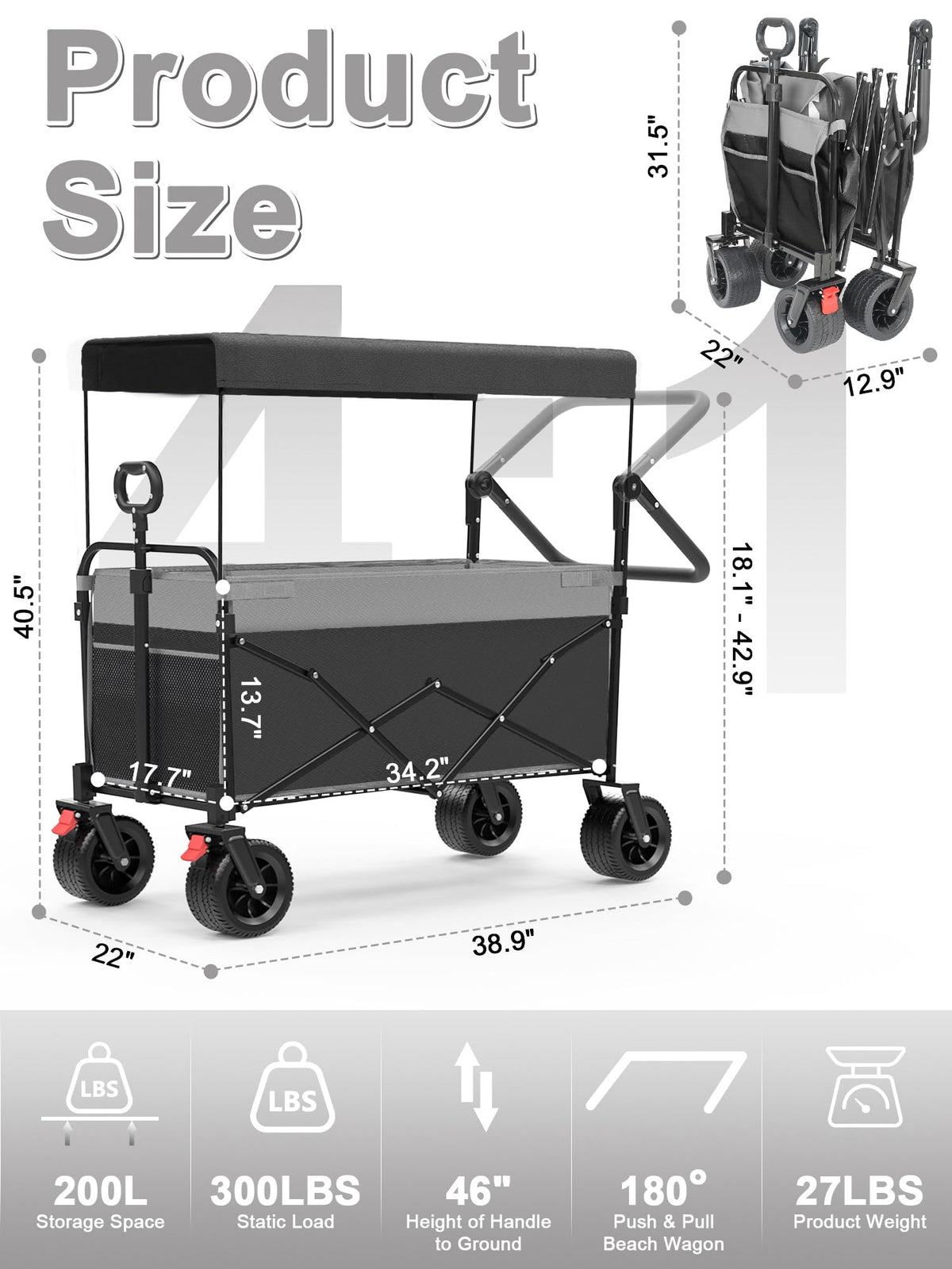 Collapsible Wagon with Canopy Black S111075