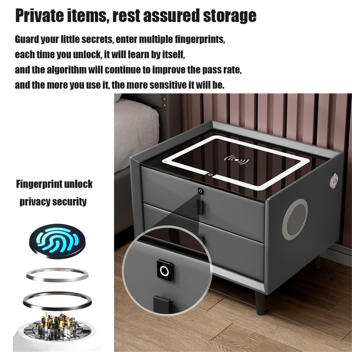 Black 3 Drawer Smart Bedside Table with LED Light and Wireless Charging B52452