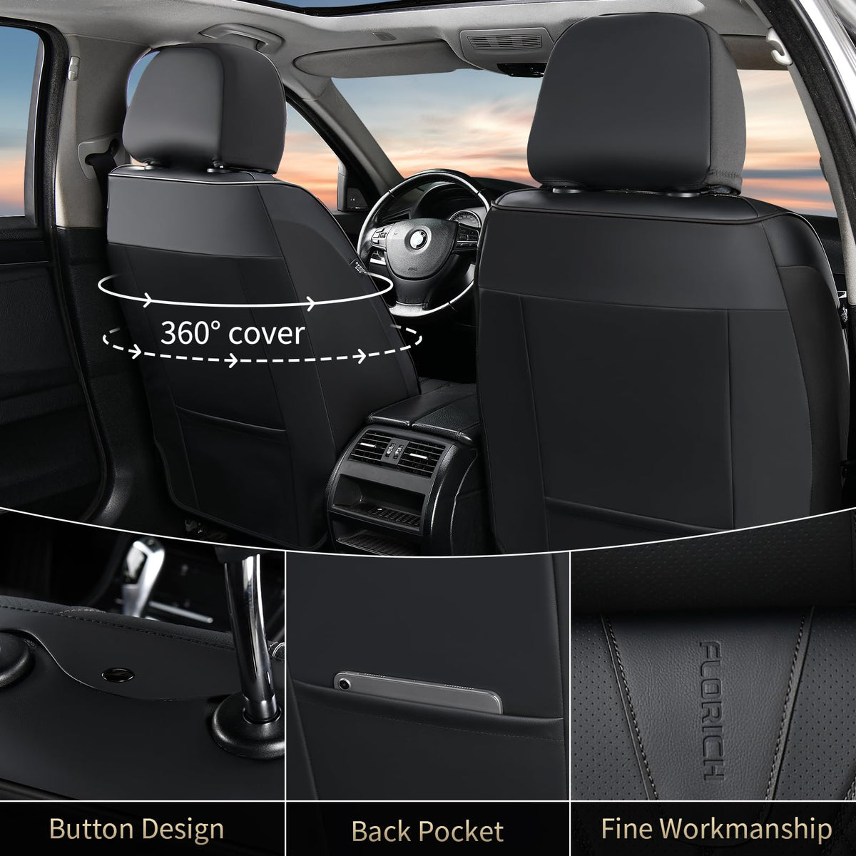 Black Leather Full Set Waterproof Car Seat Covers L82266