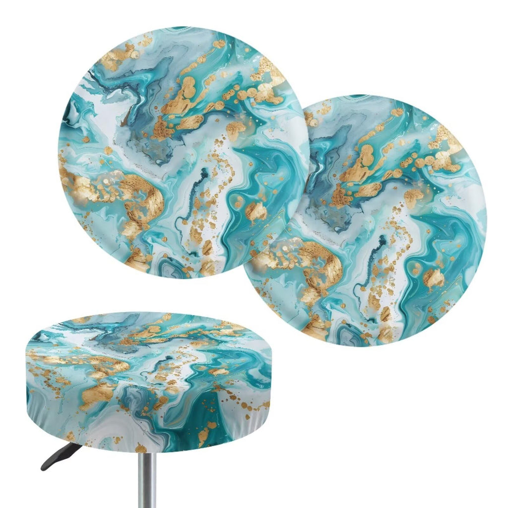 Teal Gold Marble 2 Pack Round Bar Stool Seat Cover I513