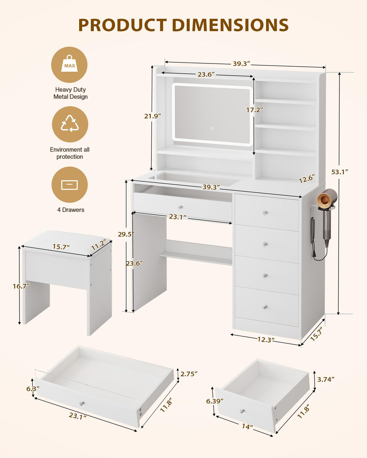 White Vanity Desk Set with Glass Desktop B418497