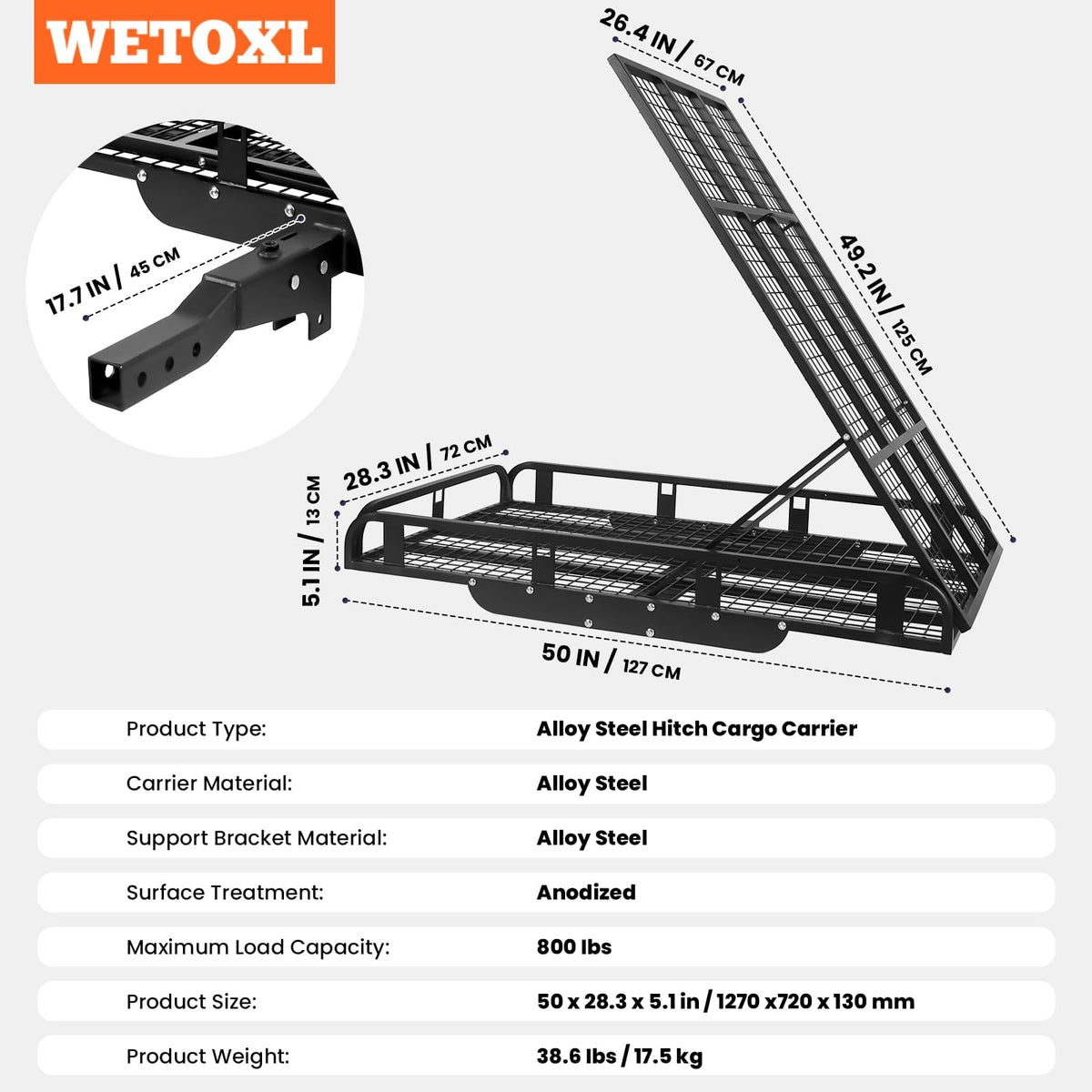 Hitch Cargo Carrier, 800lb Capacity Aluminum Cargo Basket with Folding Ramp M8664
