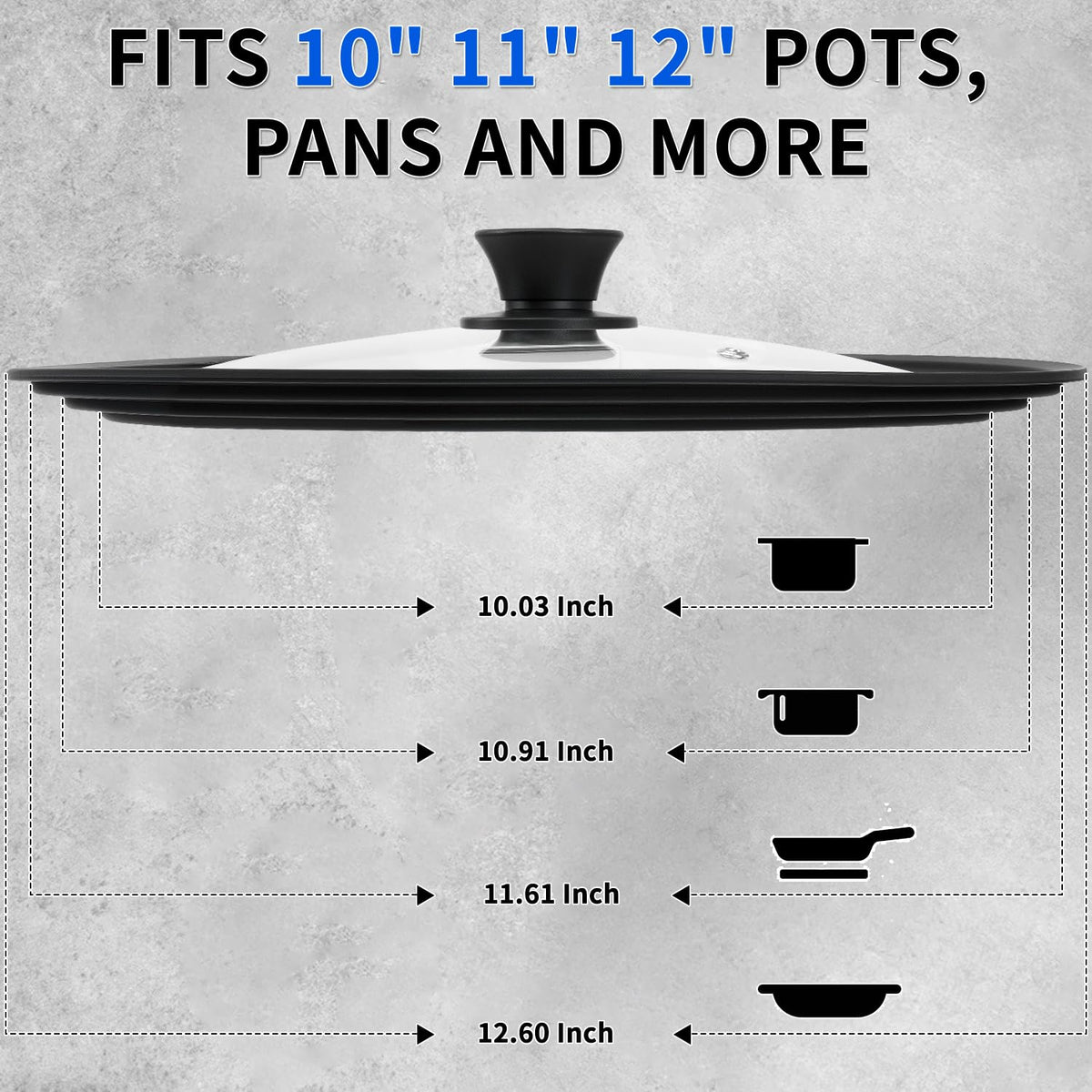 Tempered Glass Universal Lid with Silicone Rim for 10" - 12" Cookware G8970