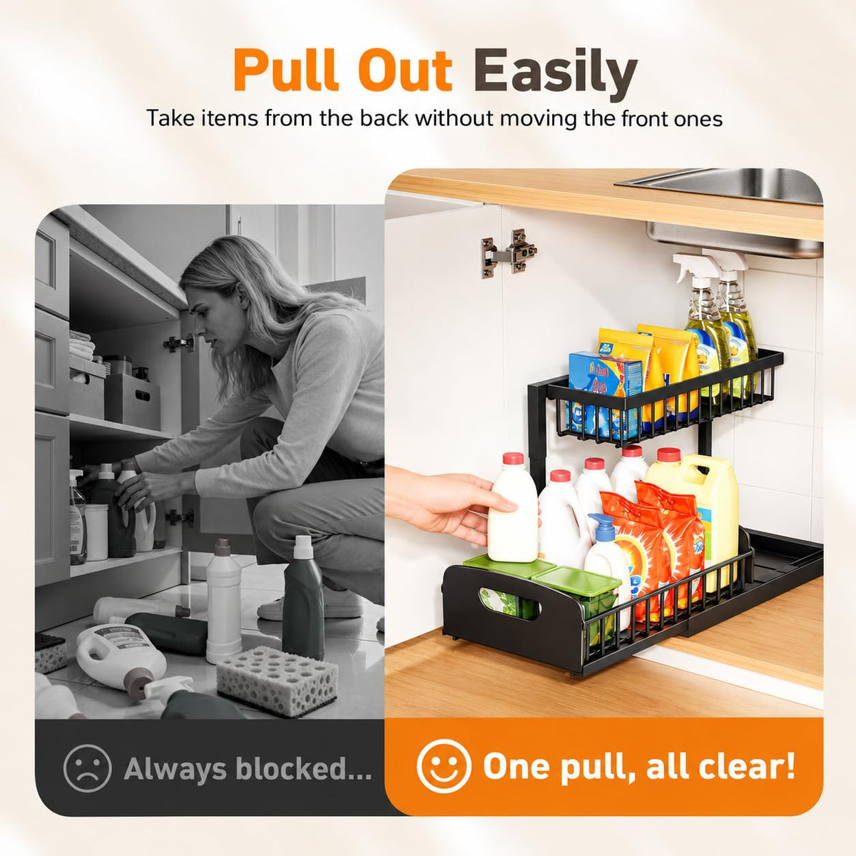 Under Kitchen Sink Organizer, 2-Tier Metal Pull Out Cabinet Organizer Shelf, Black, 2 pack T982640