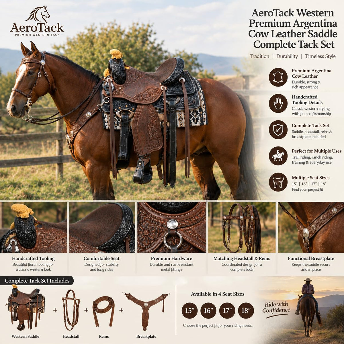 Argentina Cow Leather Tooled Horse Saddle Set with Headstall Reins & Breastplate H428
