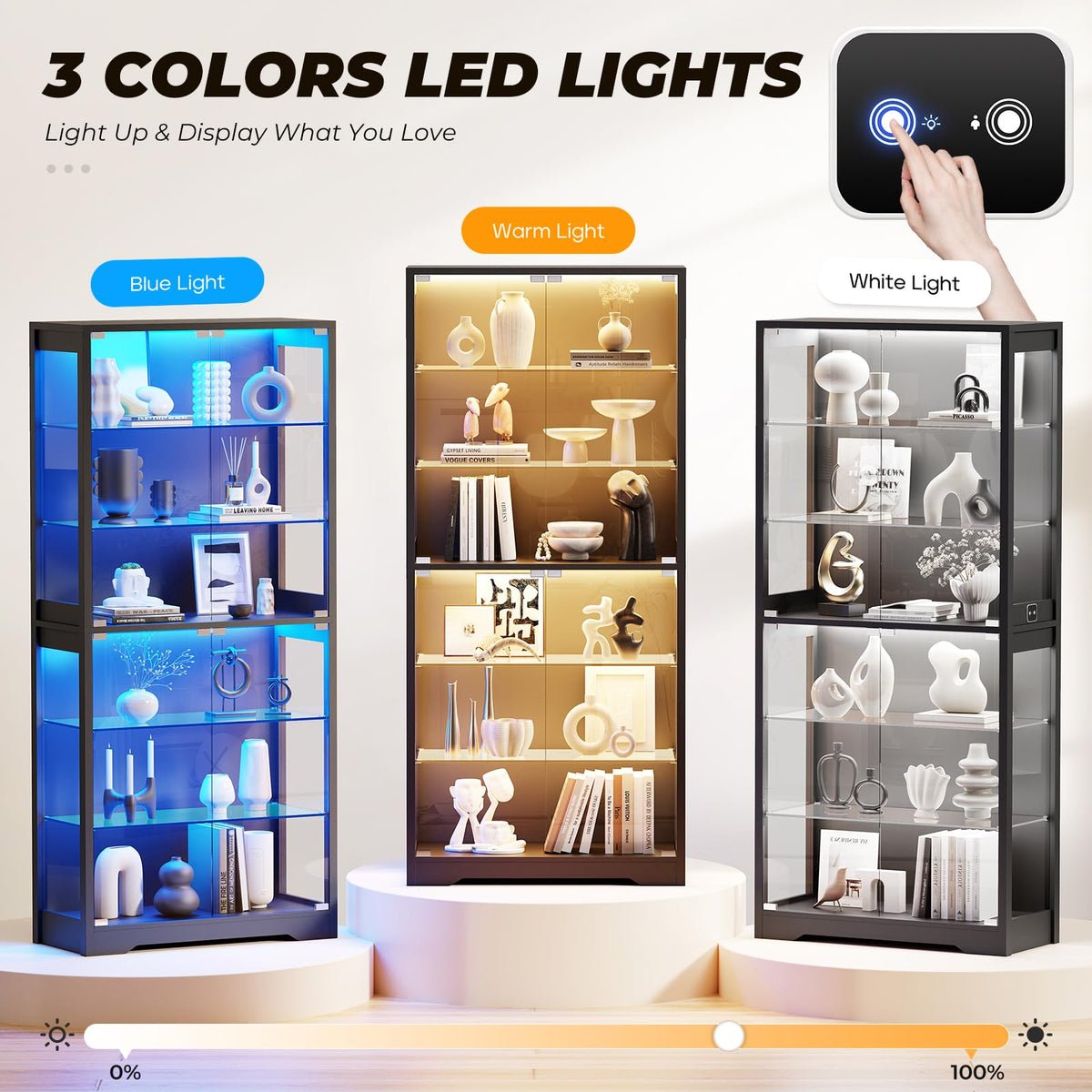 71" Tall Display Cabinet with Glass Door and 3-Color Lights, Black Y361