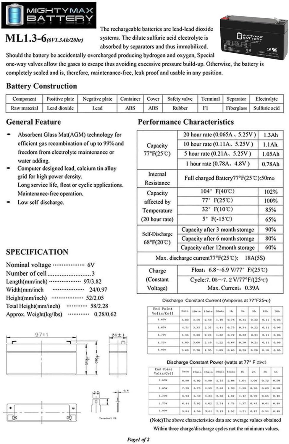 6V 1.3Ah SLA Replacement Battery 4 Pack H98464