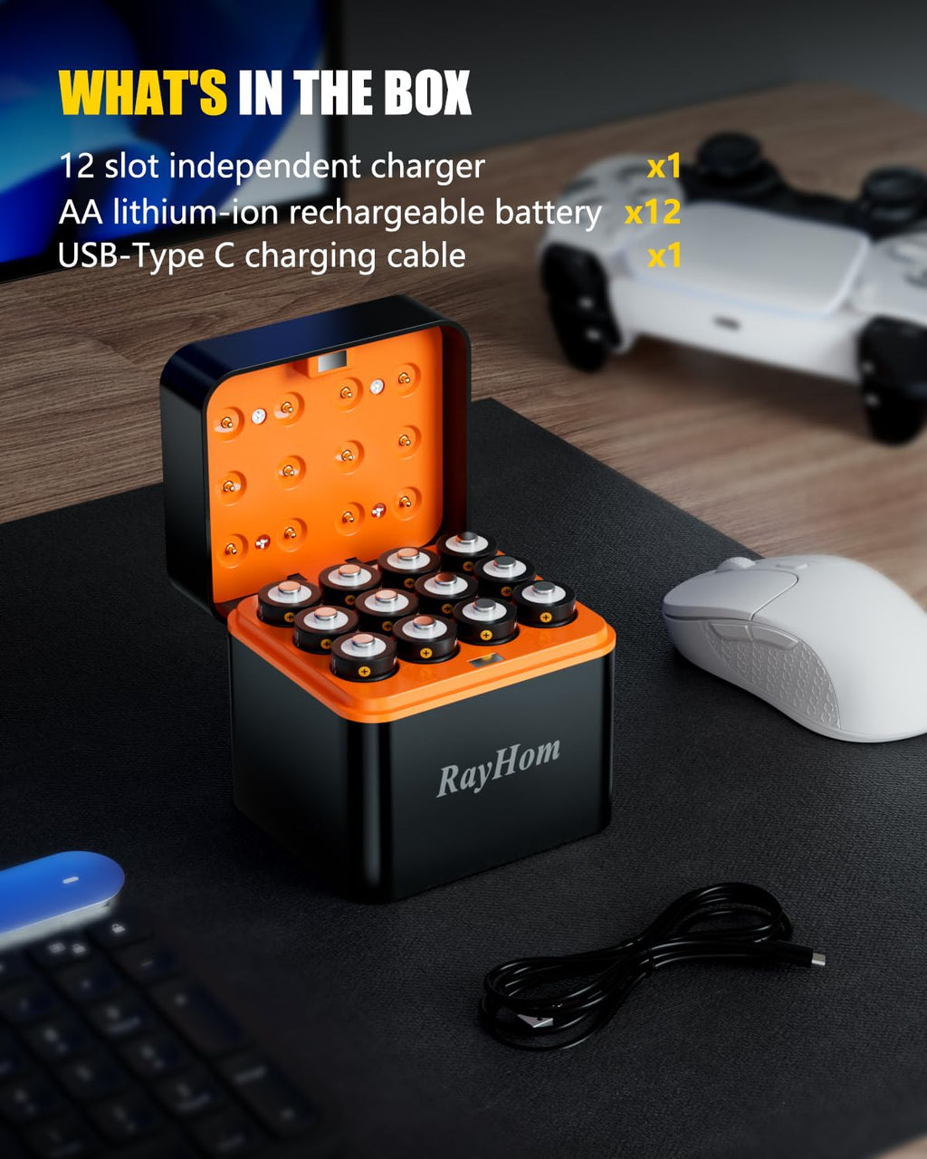 12 Pack Rechargeable AA Lithium Batteries with Charger M5639