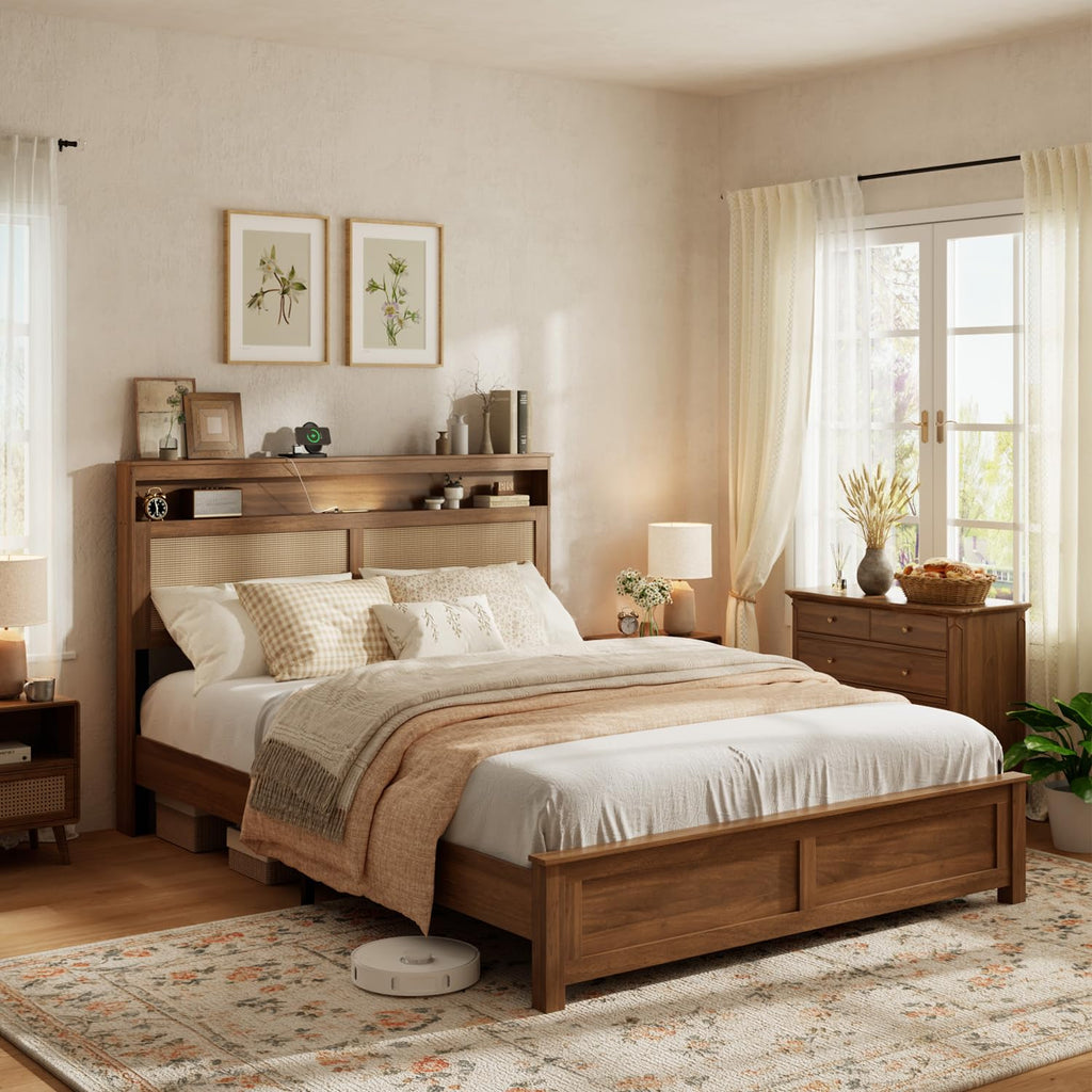 Brown Queen Wood Bed Frame with Storage Headboard O619