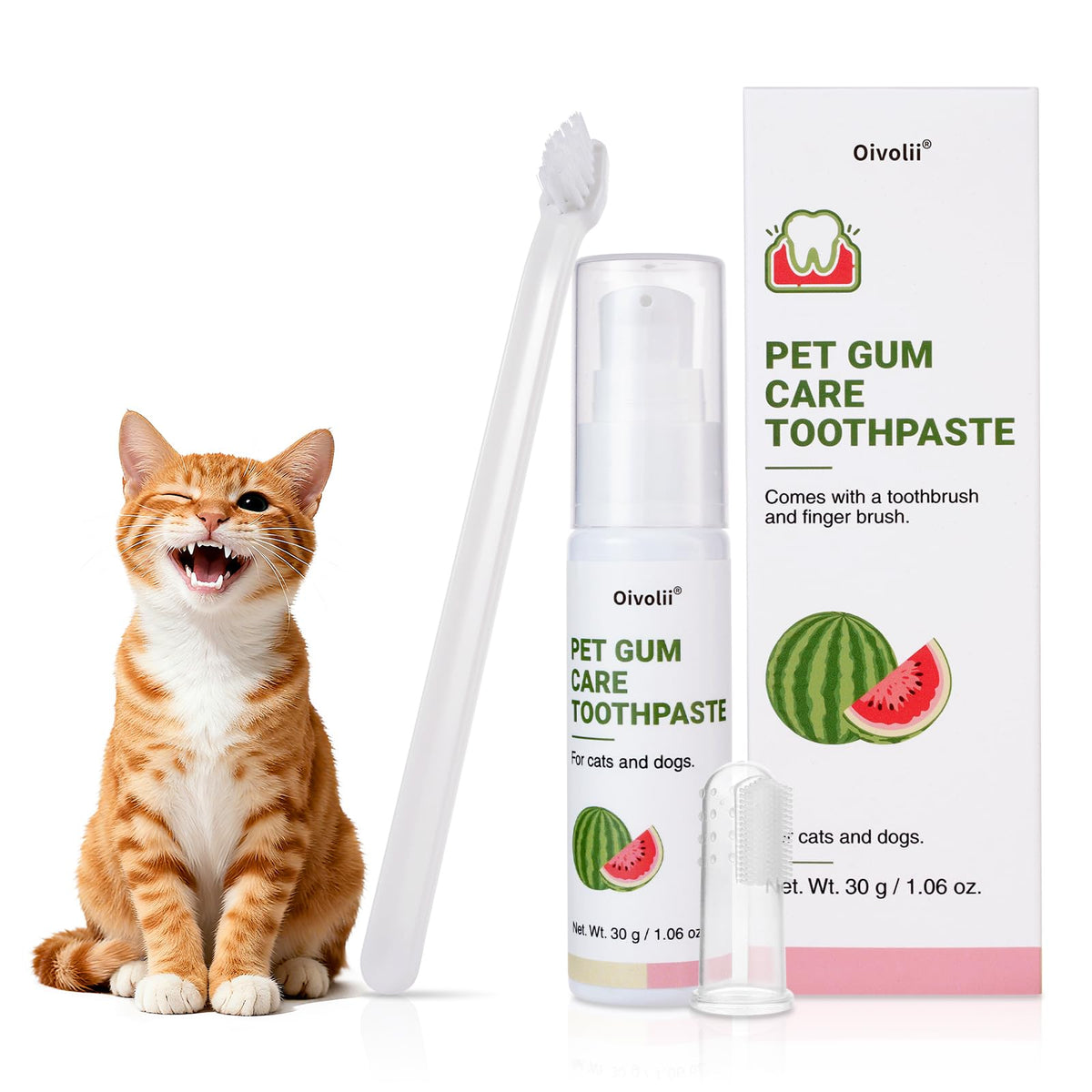 Watermelon Flavor Cat Toothpaste Kit with Finger Brush & Long-Handle Toothbrush J5413