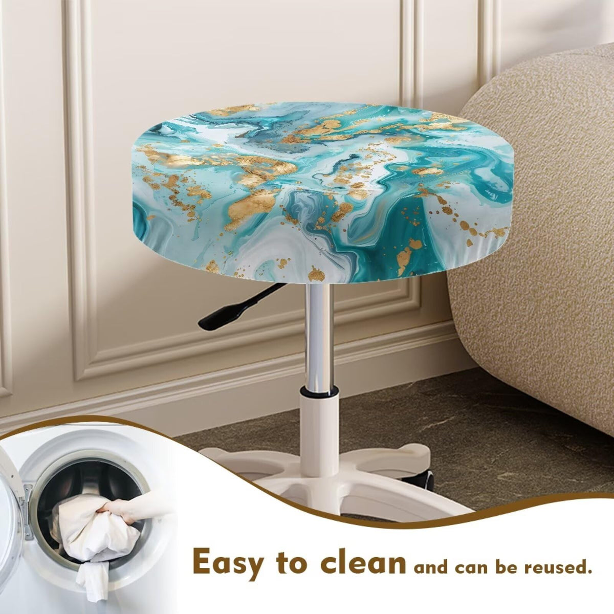 Teal Gold Marble 2 Pack Round Bar Stool Seat Cover I513