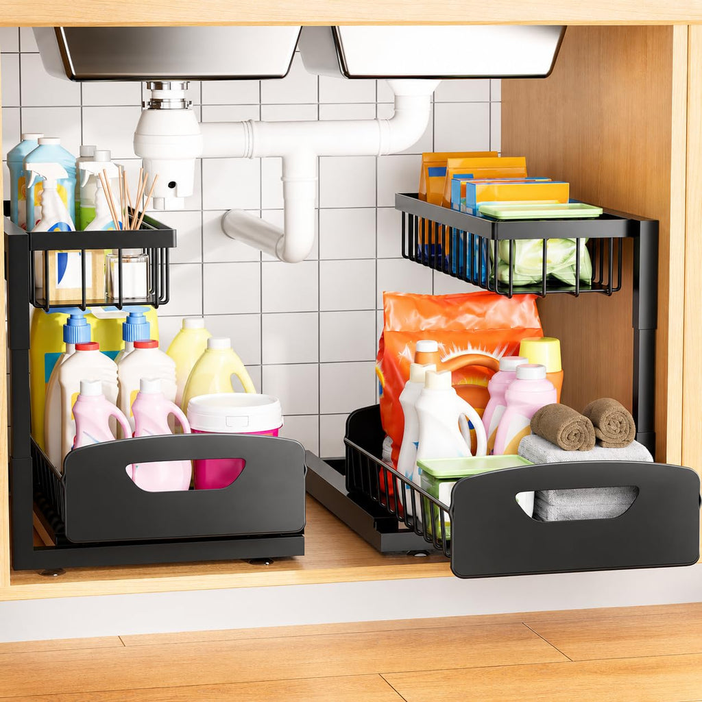 Under Kitchen Sink Organizer, 2-Tier Metal Pull Out Cabinet Organizer Shelf, Black, 2 pack T982640
