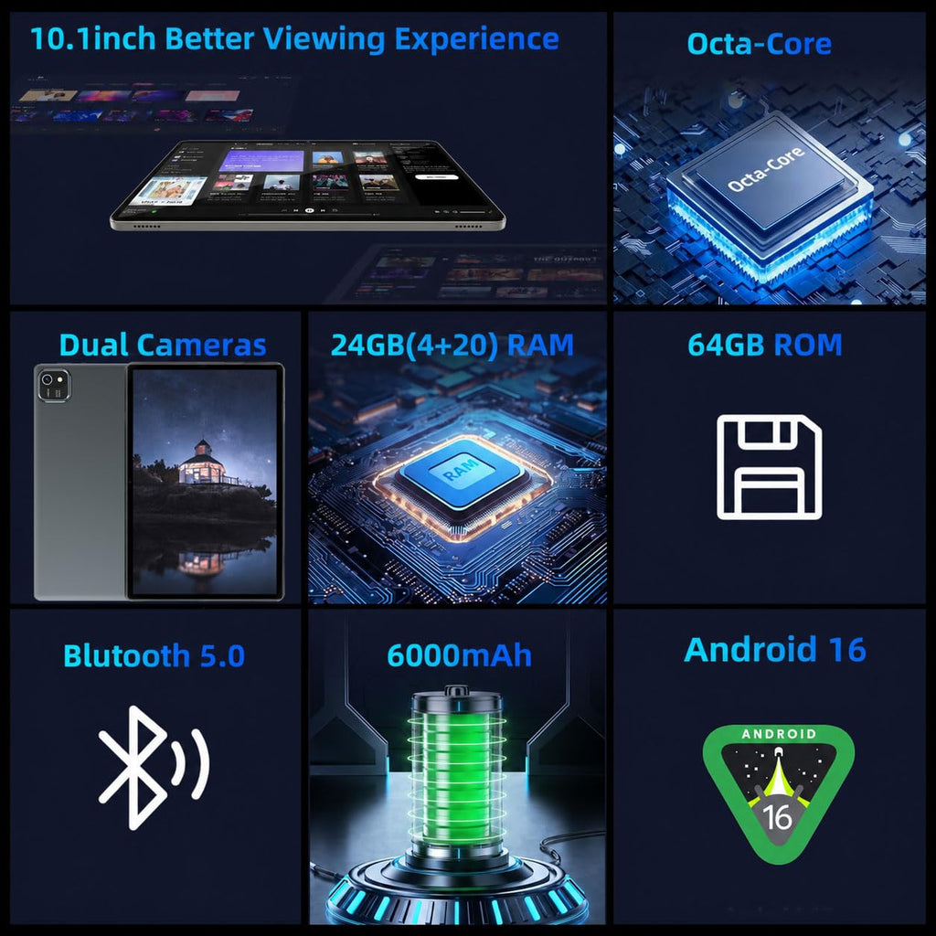Android 16 Tablet 10 inch Octa Core CPU Black C287569