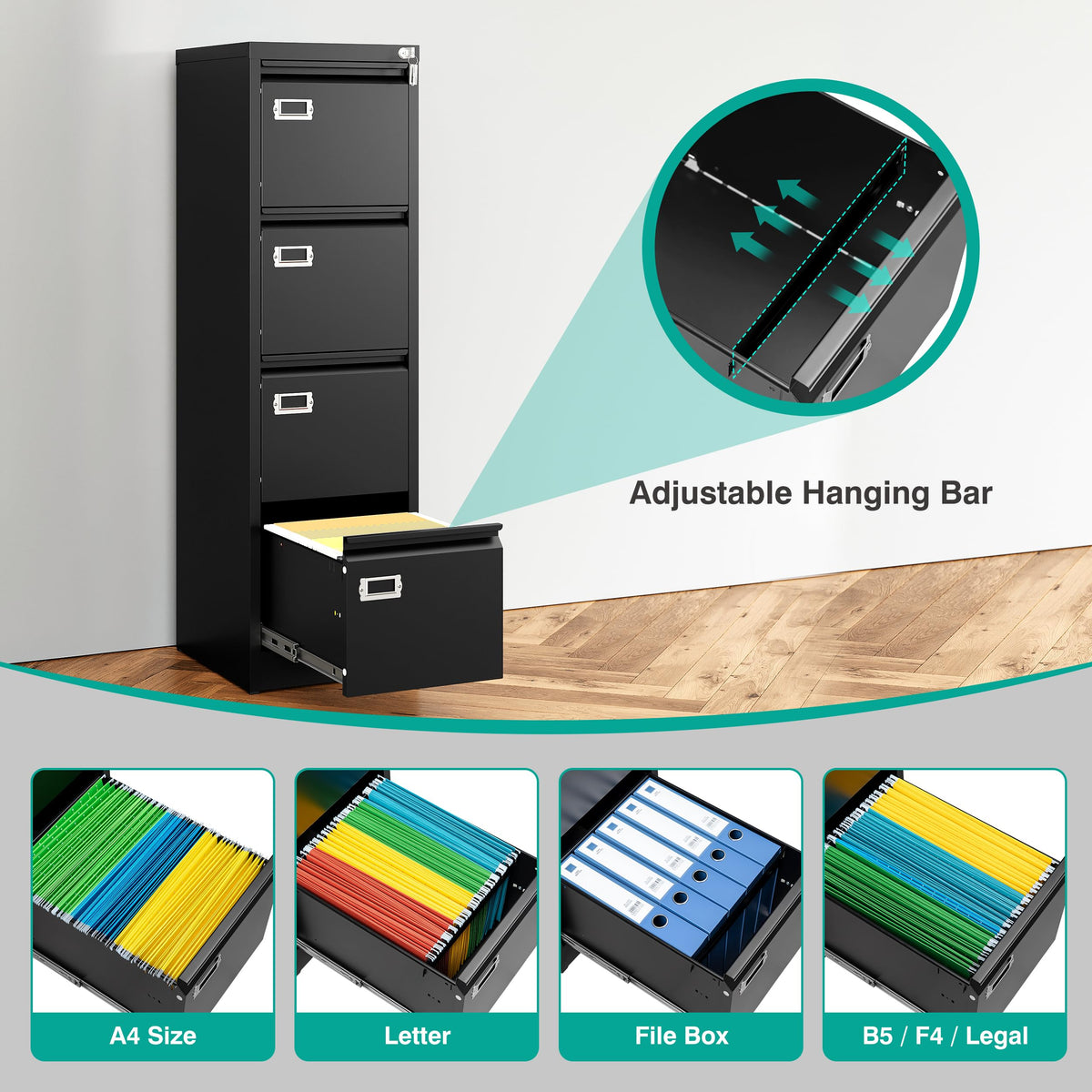 4 Drawer Black Metal File Cabinet with Lock C23177