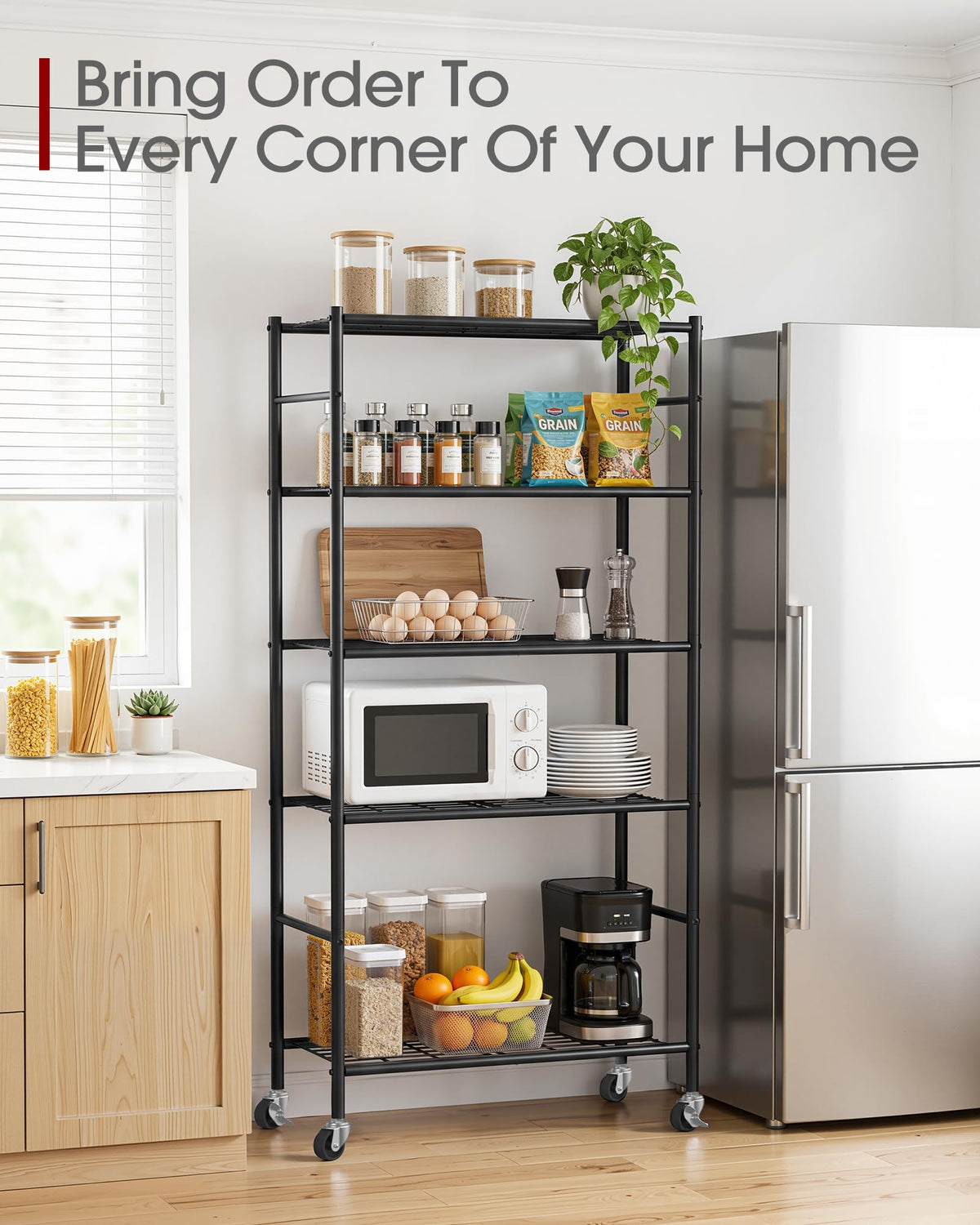 5-Tier Storage Shelves Black with Wheels F371