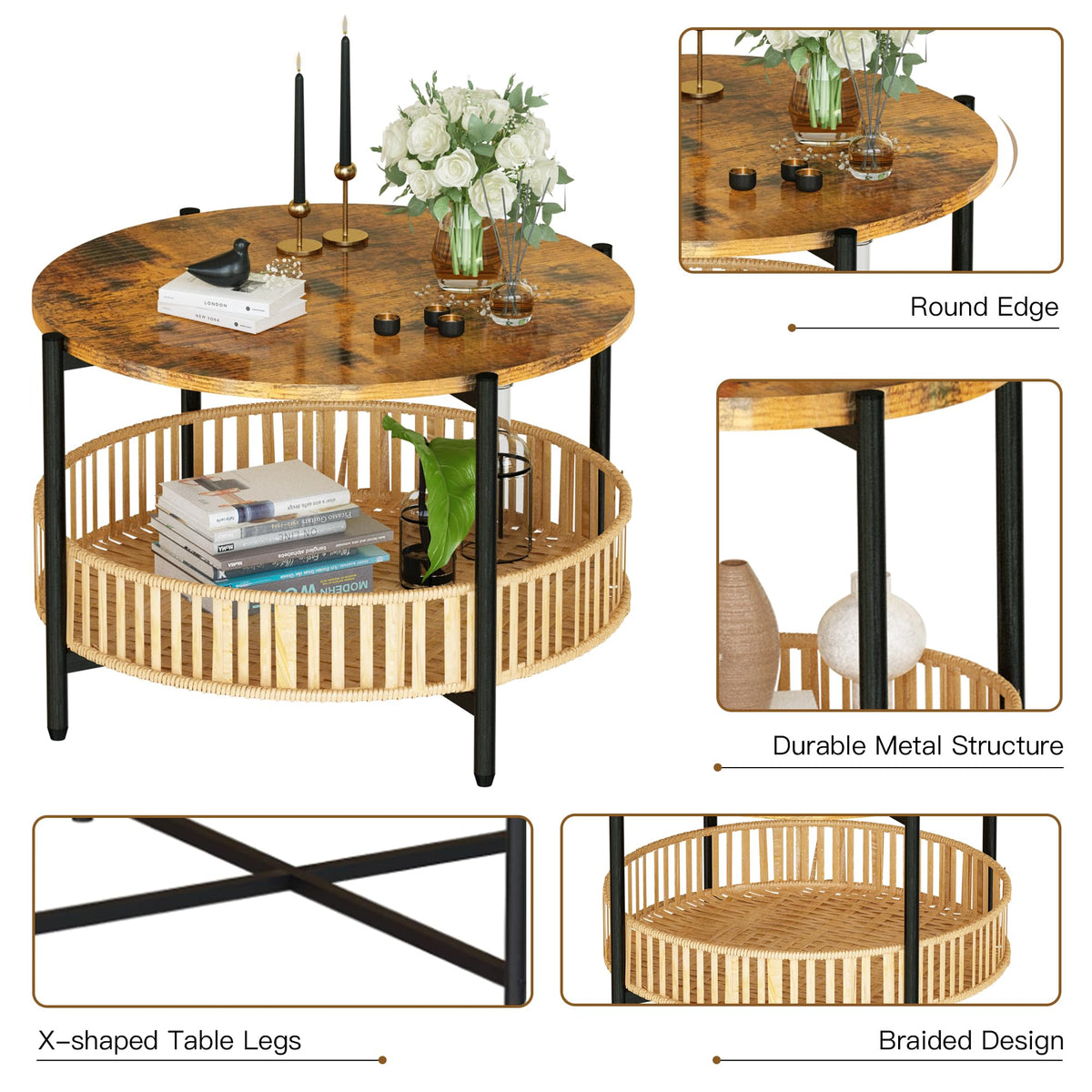 3 Pieces 2 Tier Round Rattan Coffee Table Set with Metal Frame Q719