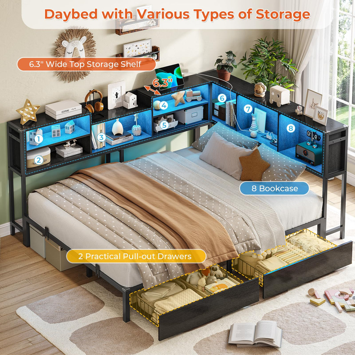 Full Corner Bed Frame with Storage Bookcase and 2 Drawers, Black N92118