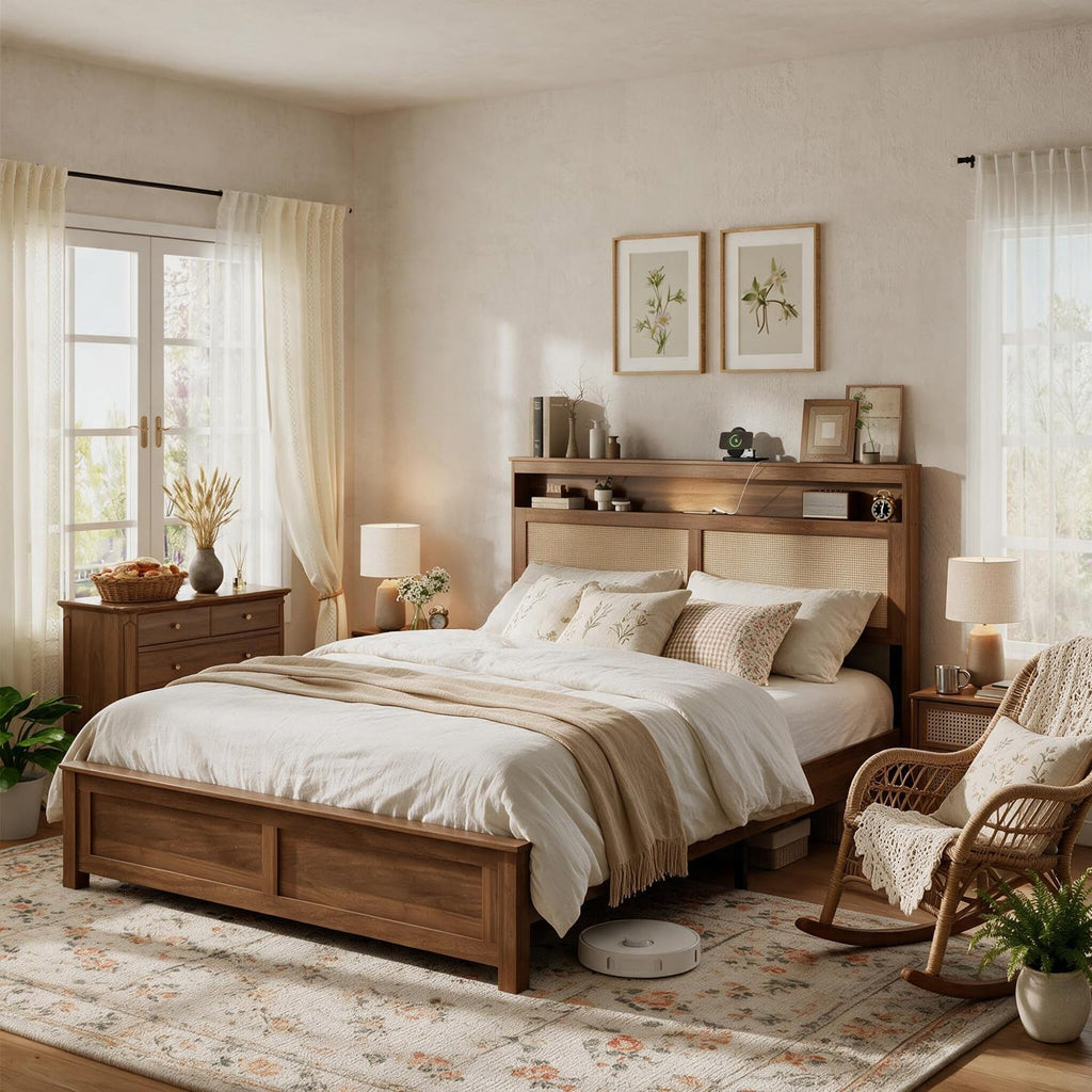 Brown Queen Wood Bed Frame with Storage Headboard O619