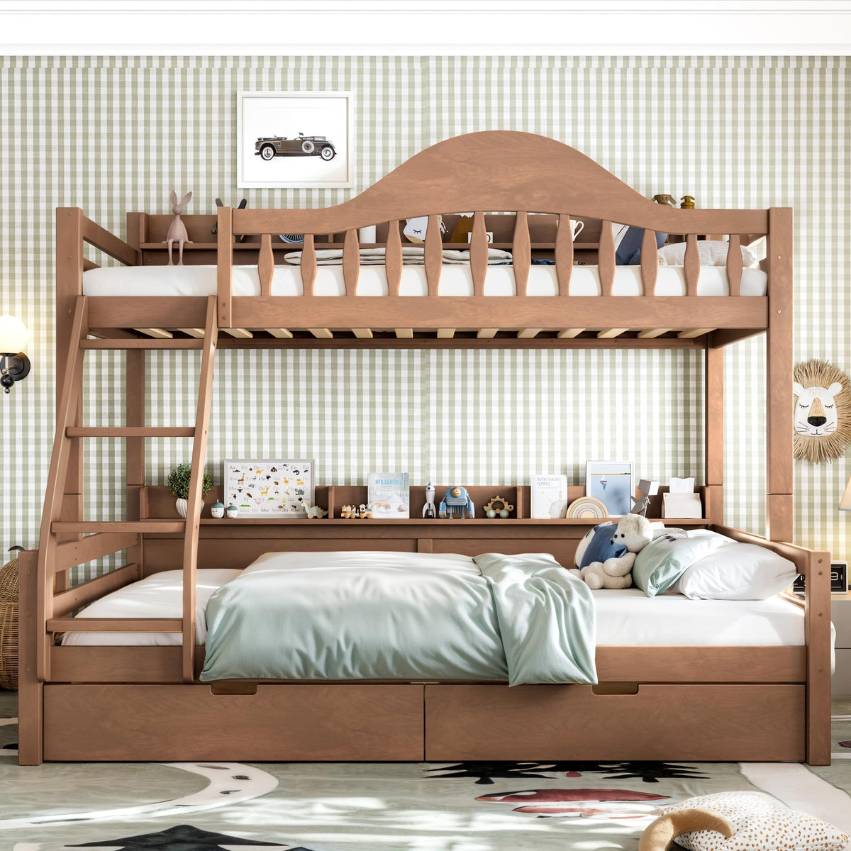 Twin Over Full Size Wooden Bunk Bed with Drawers & Ladder I527752