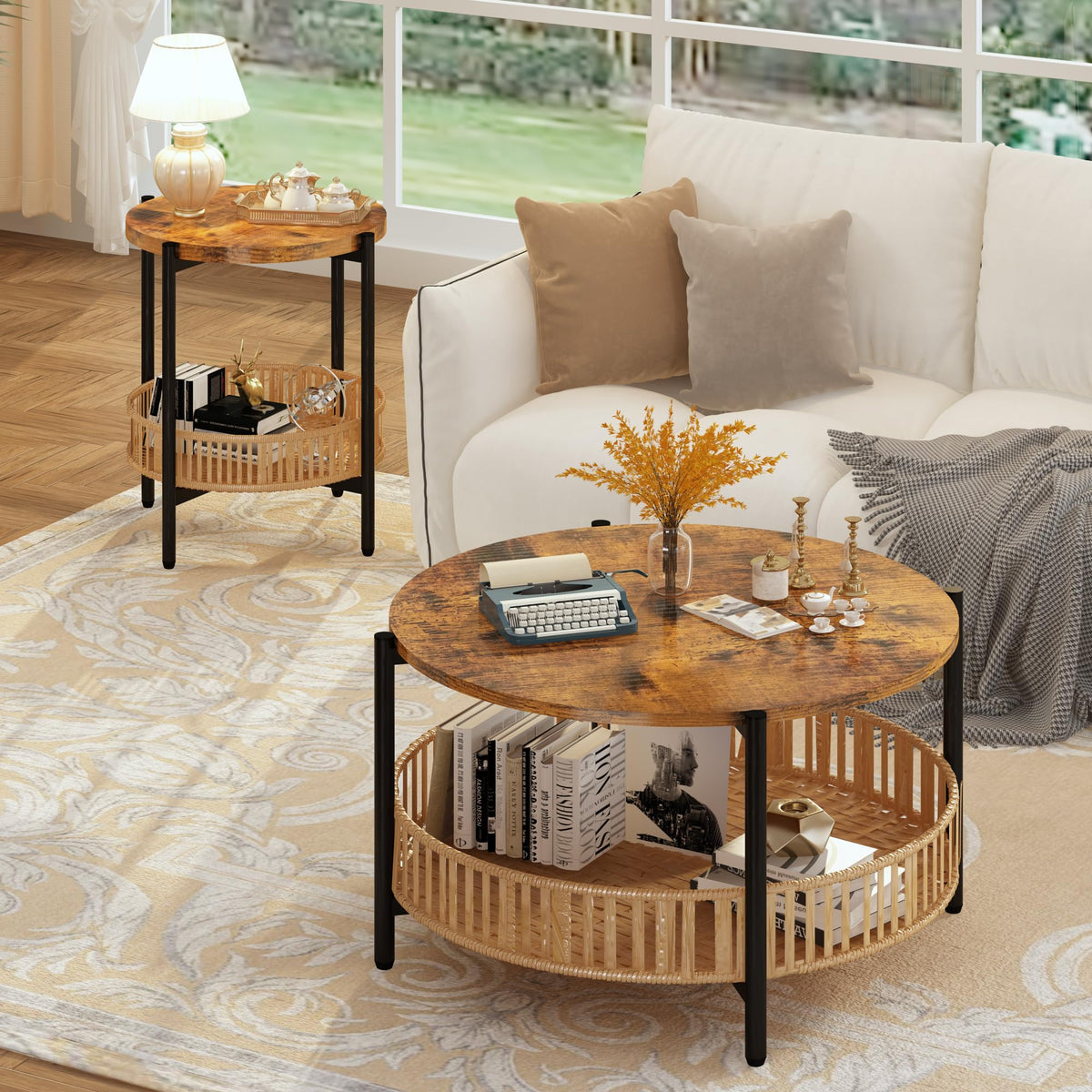 3 Pieces 2 Tier Round Rattan Coffee Table Set with Metal Frame Q719
