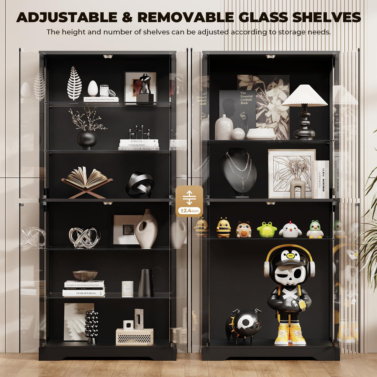 71" Tall Display Cabinet with Glass Door and 3-Color Lights, Black Y361