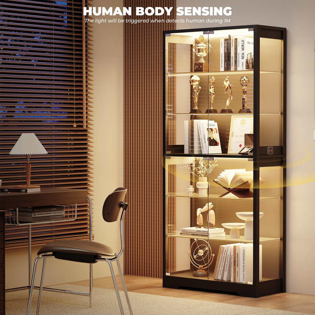71" Tall Display Cabinet with Glass Door and 3-Color Lights, Black Y361