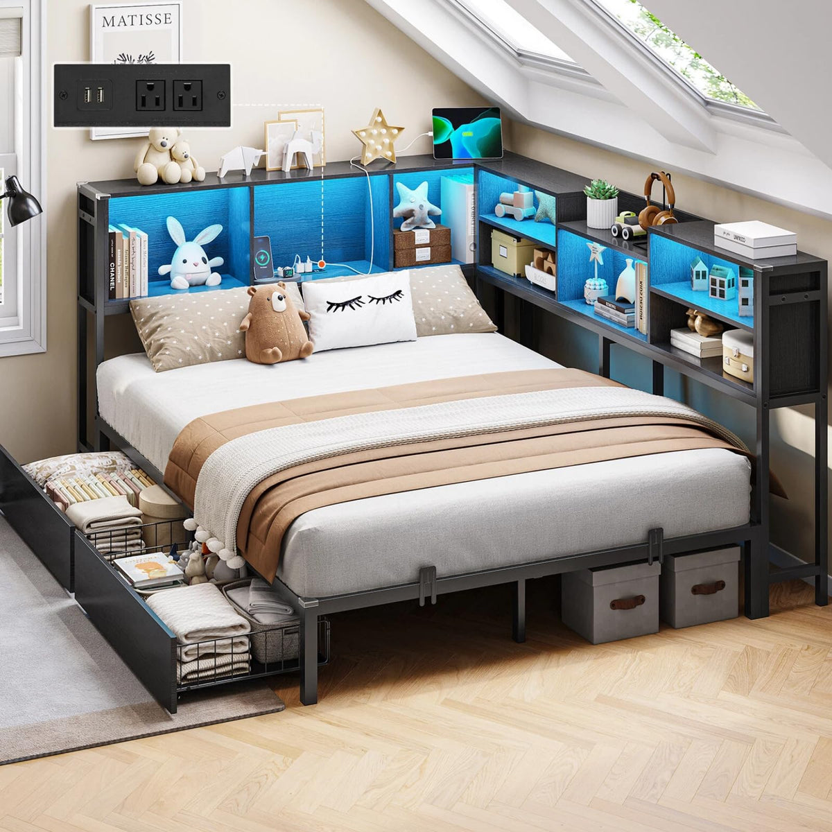 Full Corner Bed Frame with Storage Bookcase and 2 Drawers, Black N92118