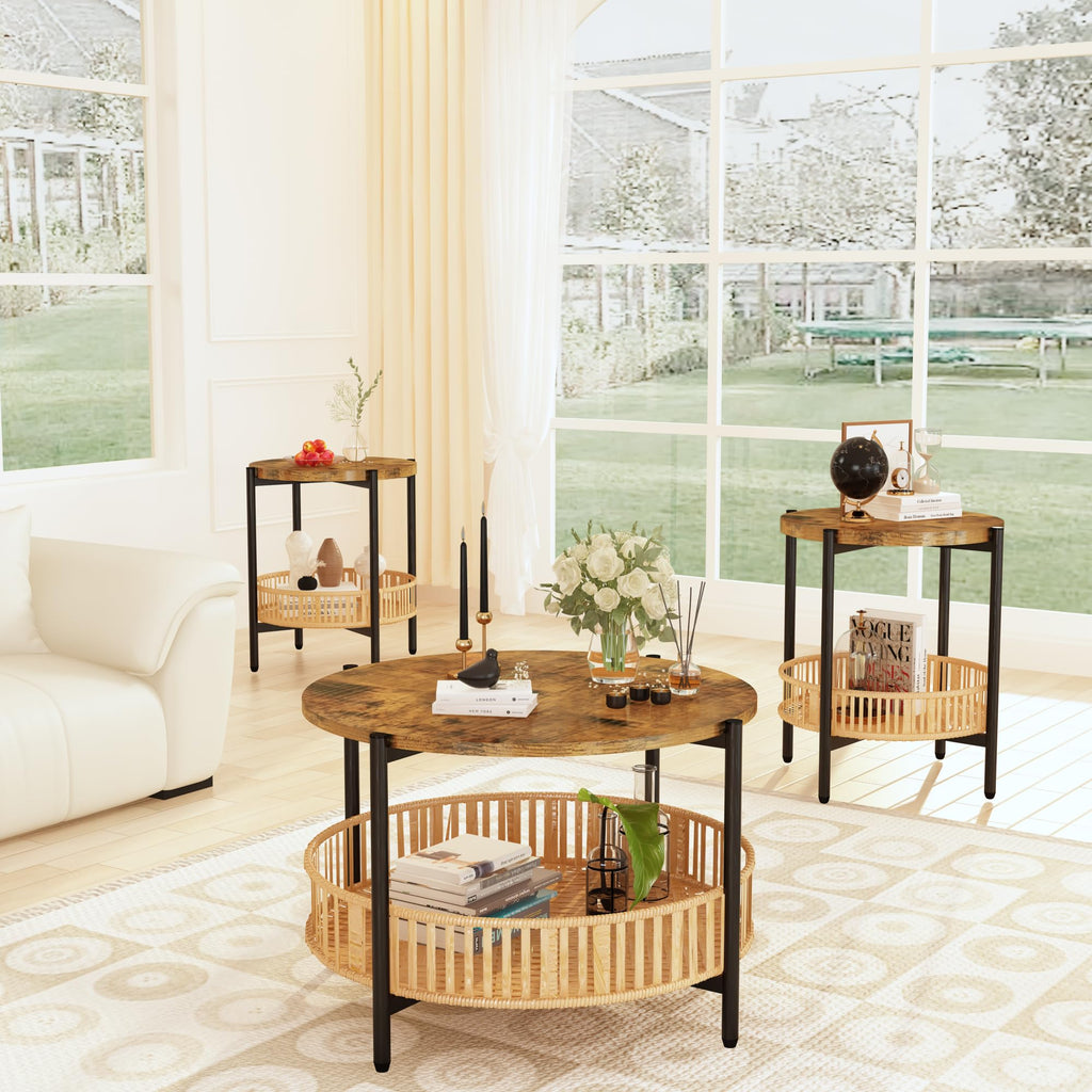 3 Pieces 2 Tier Round Rattan Coffee Table Set with Metal Frame Q719