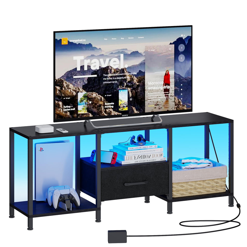 Black TV Stand with LED Lights and Fabric Drawer U1672