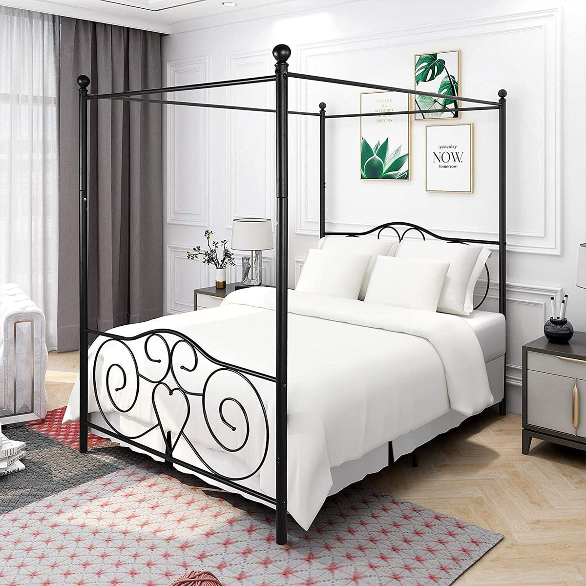 Black Steel Slat Bed Frame with Headboard and Footboard J208617