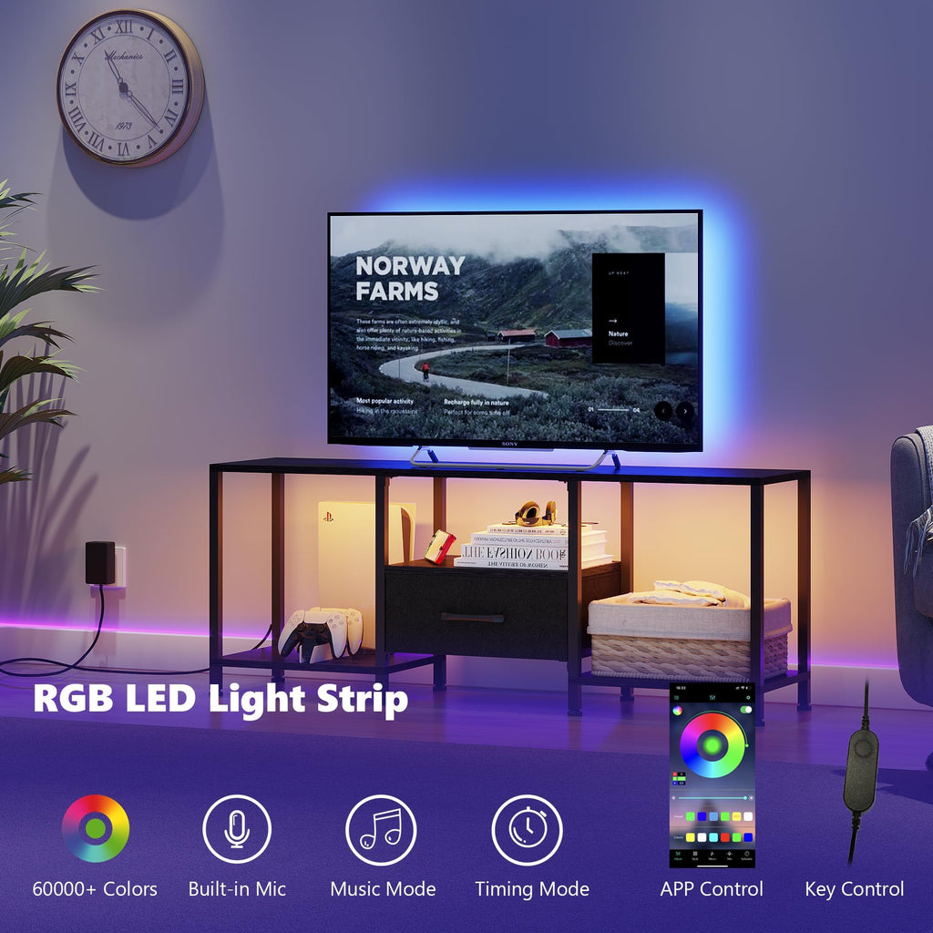 Black TV Stand with LED Lights and Fabric Drawer U1672