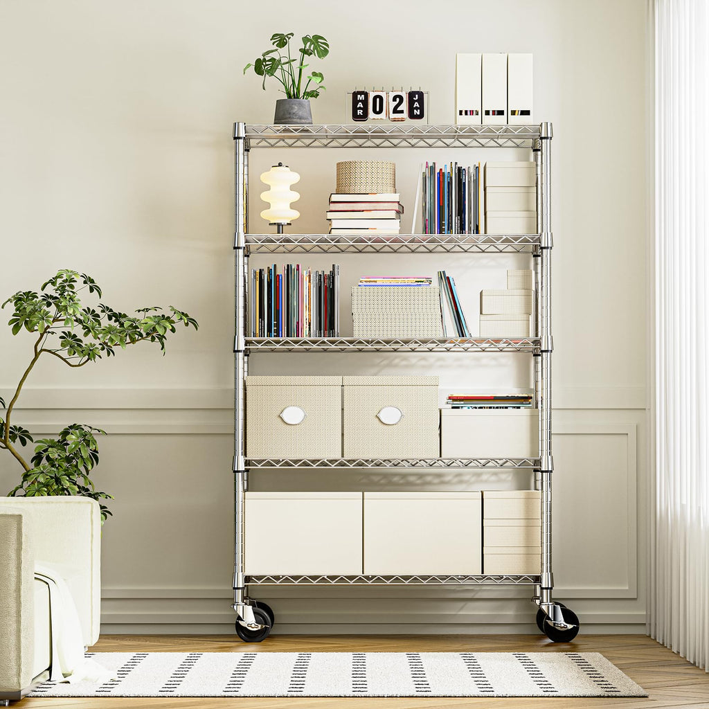 5-Tier Adjustable Heavy Duty Steel Wire Shelving Unit with Wheels E34624