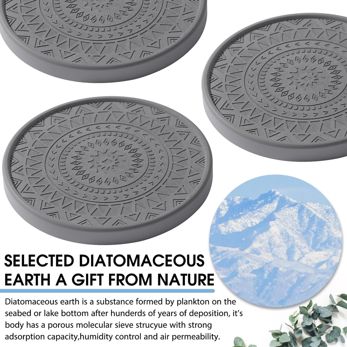 Black Diatomaceous Earth Coasters with Holder 8 Pcs R5354