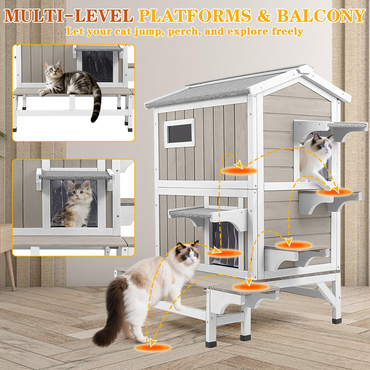 Insulated Outdoor Cat House 2-Story Wooden Shelter H4256