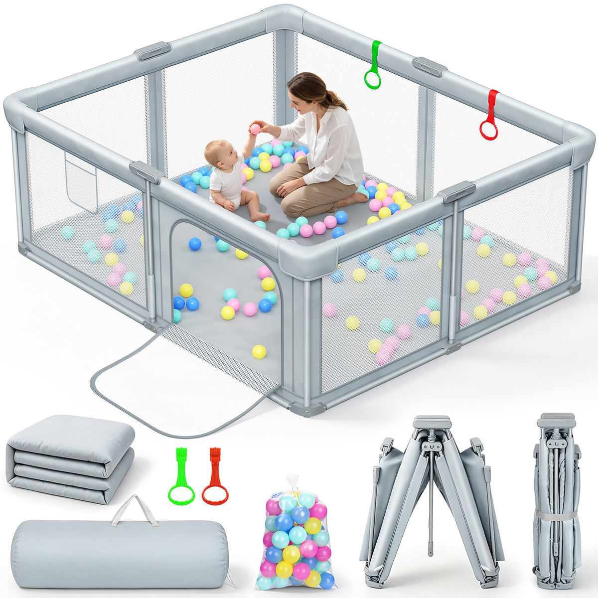 Foldable Baby Playpen with Mat 59"×71" J9070