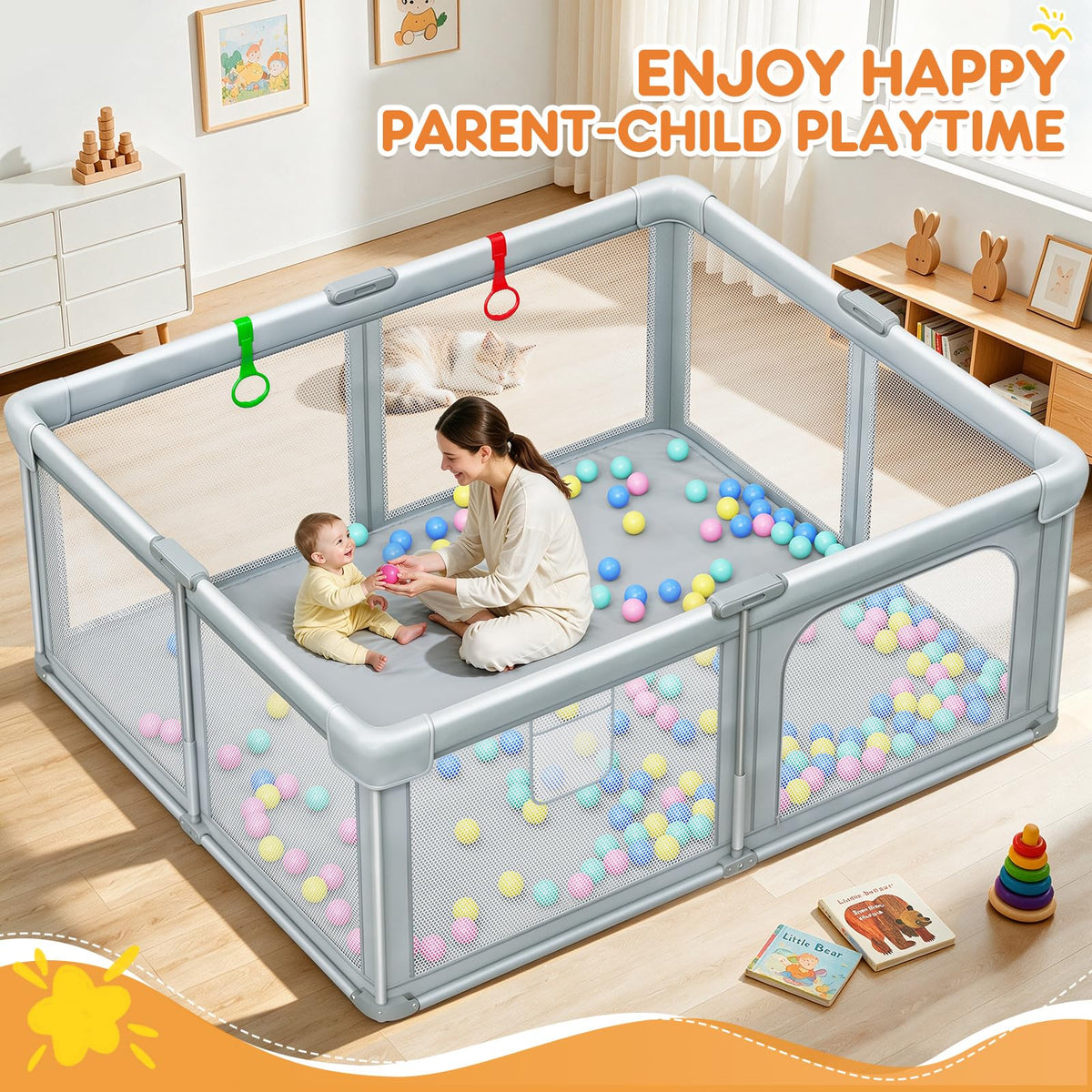 Foldable Baby Playpen with Mat 59"×71" J9070