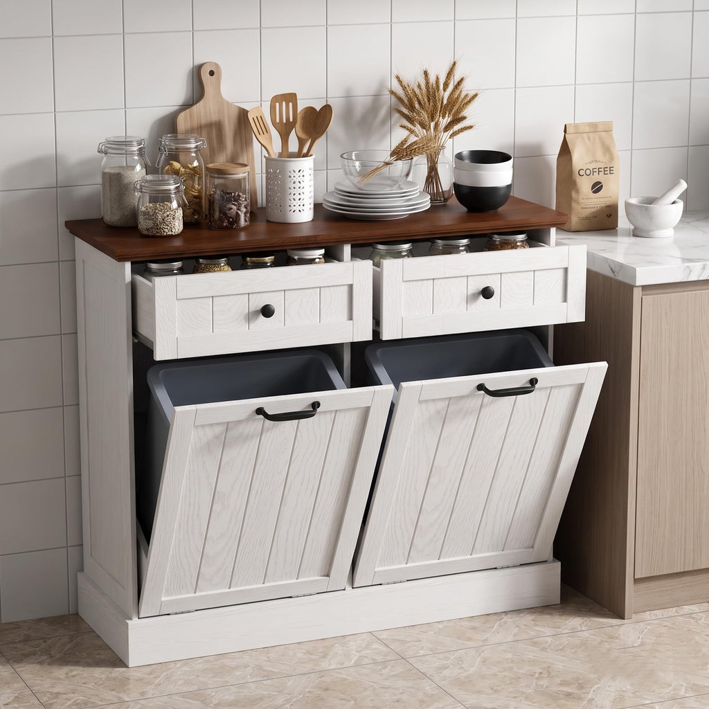White 2x10 Gallons Tilt Out Trash Can Cabinet P74513