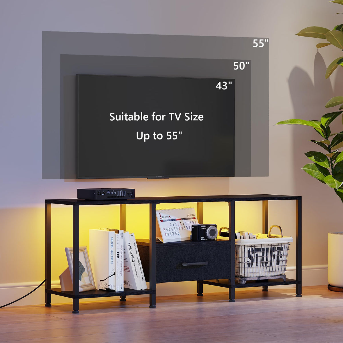 Black TV Stand with LED Lights and Fabric Drawer U1672