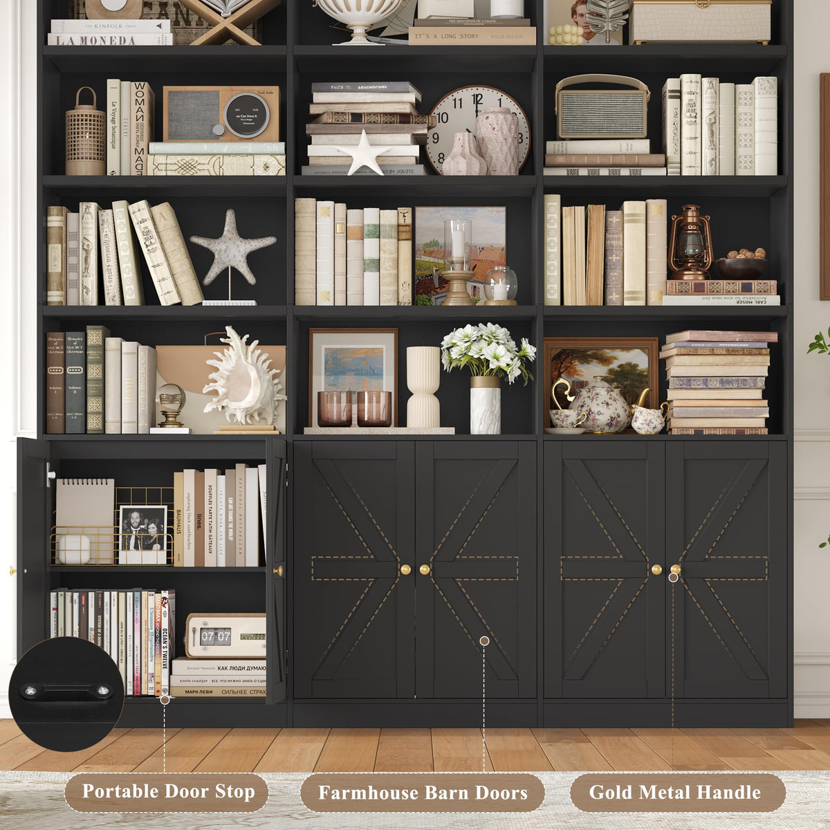 75" Tall Black Bookshelf with 6 Doors F979646