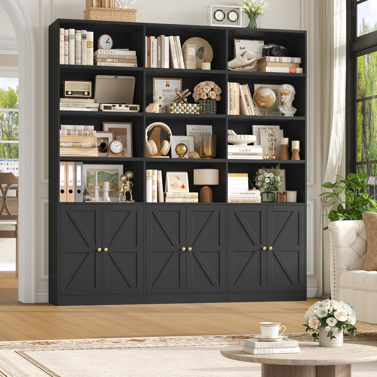 75" Tall Black Bookshelf with 6 Doors F979646