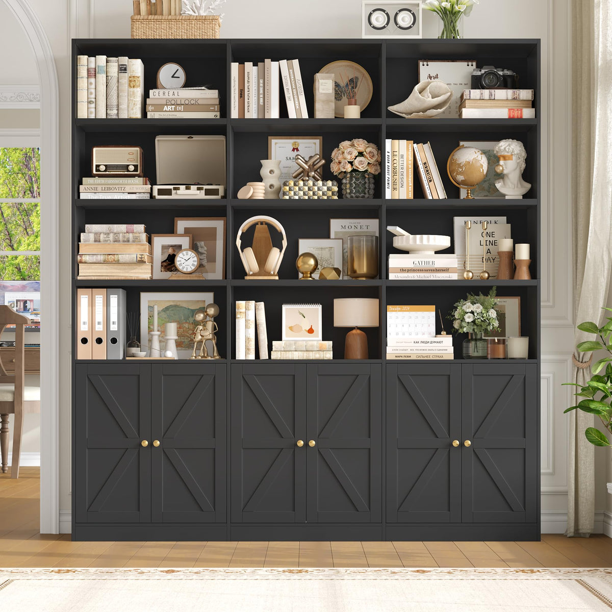 75" Tall Black Bookshelf with 6 Doors F979646