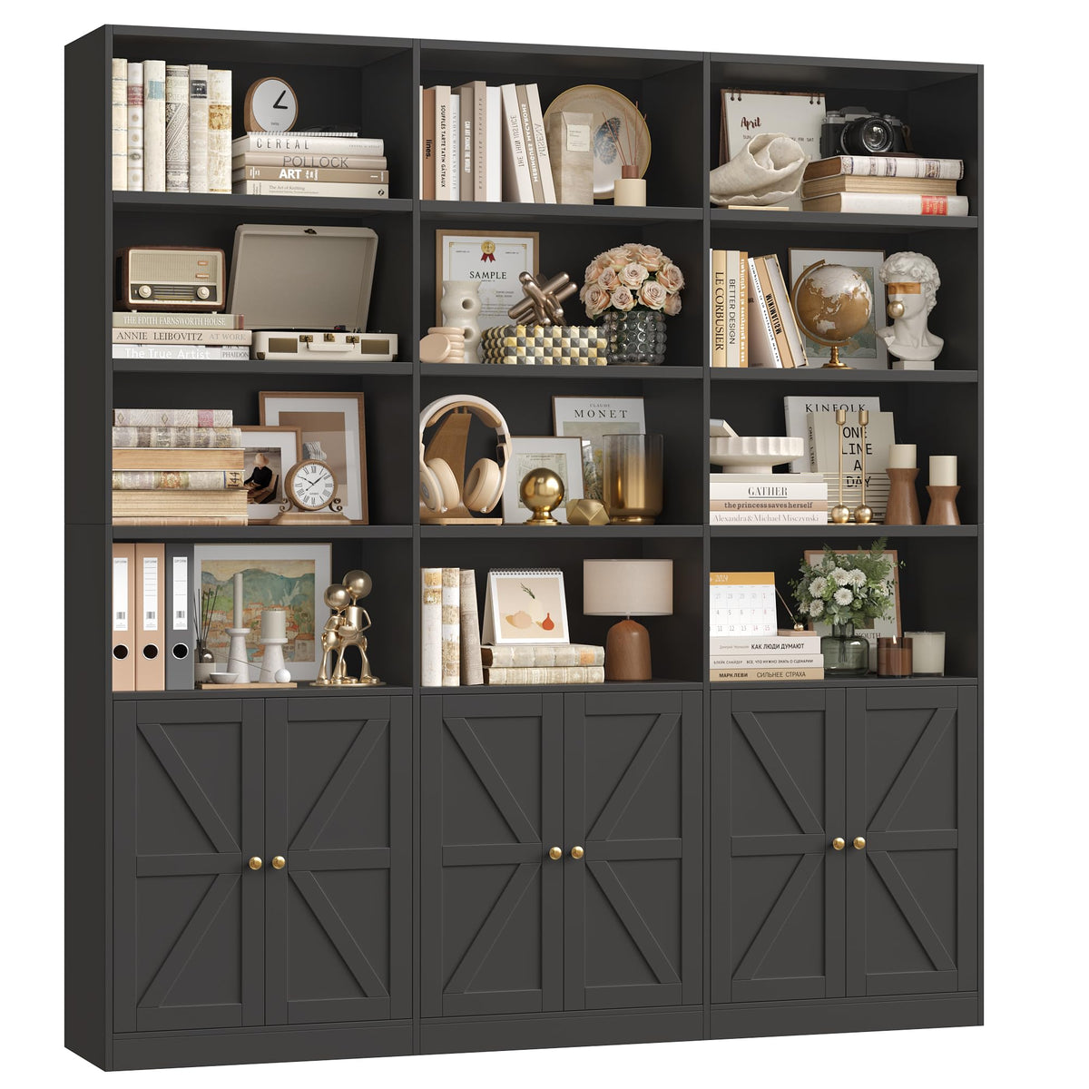 75" Tall Black Bookshelf with 6 Doors F979646
