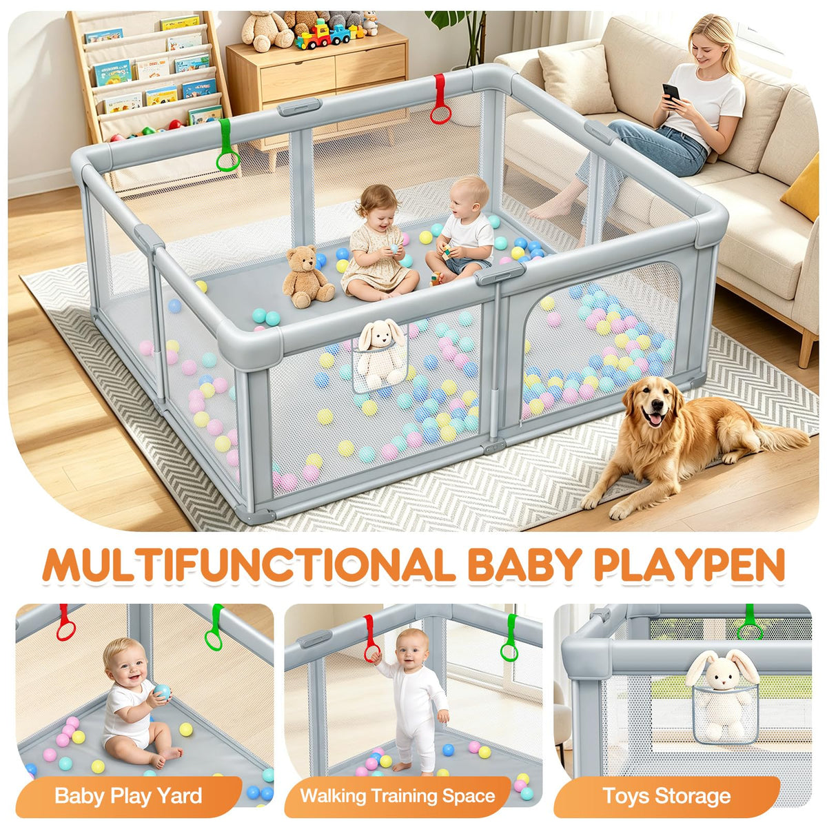 Foldable Baby Playpen with Mat 59"×71" J9070