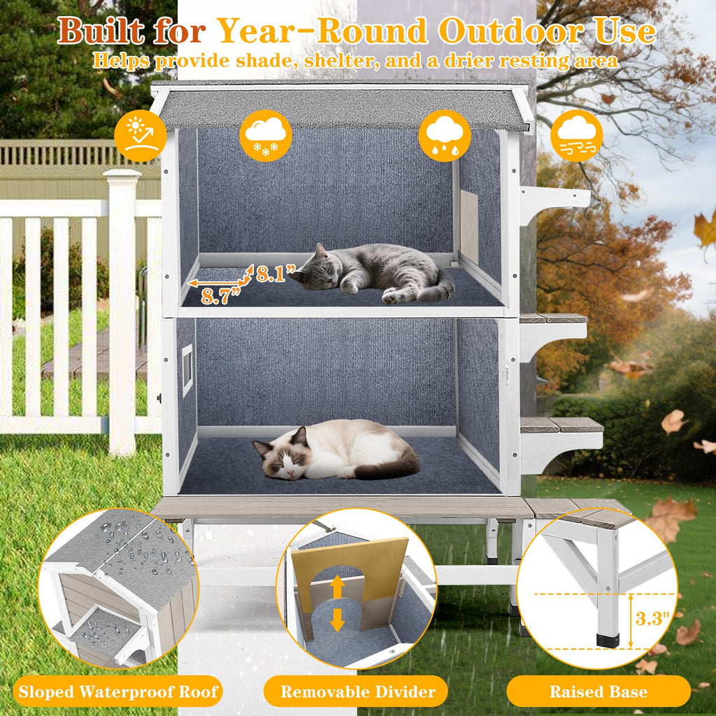 Insulated Outdoor Cat House 2-Story Wooden Shelter H4256