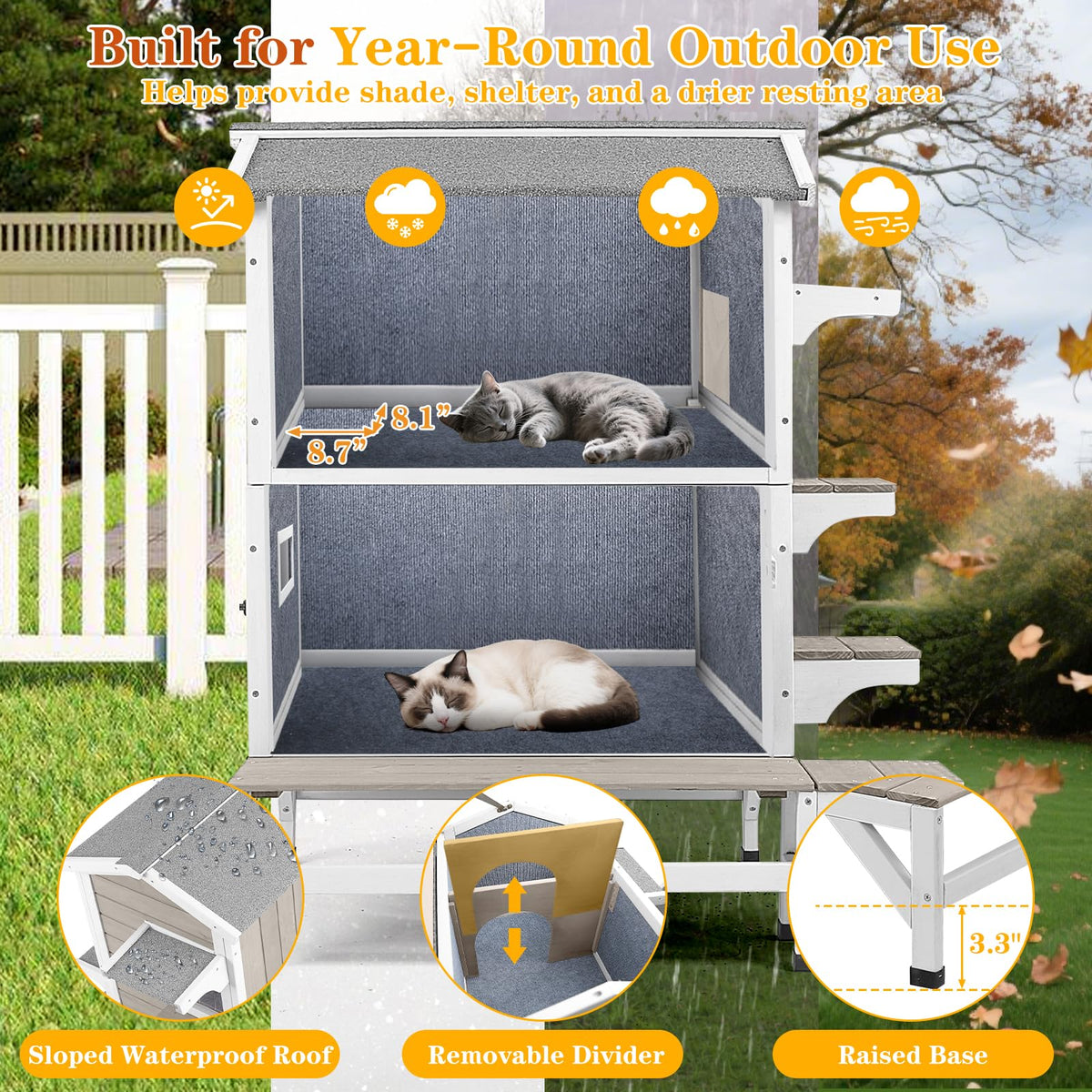 Insulated Outdoor Cat House 2-Story Wooden Shelter H4256