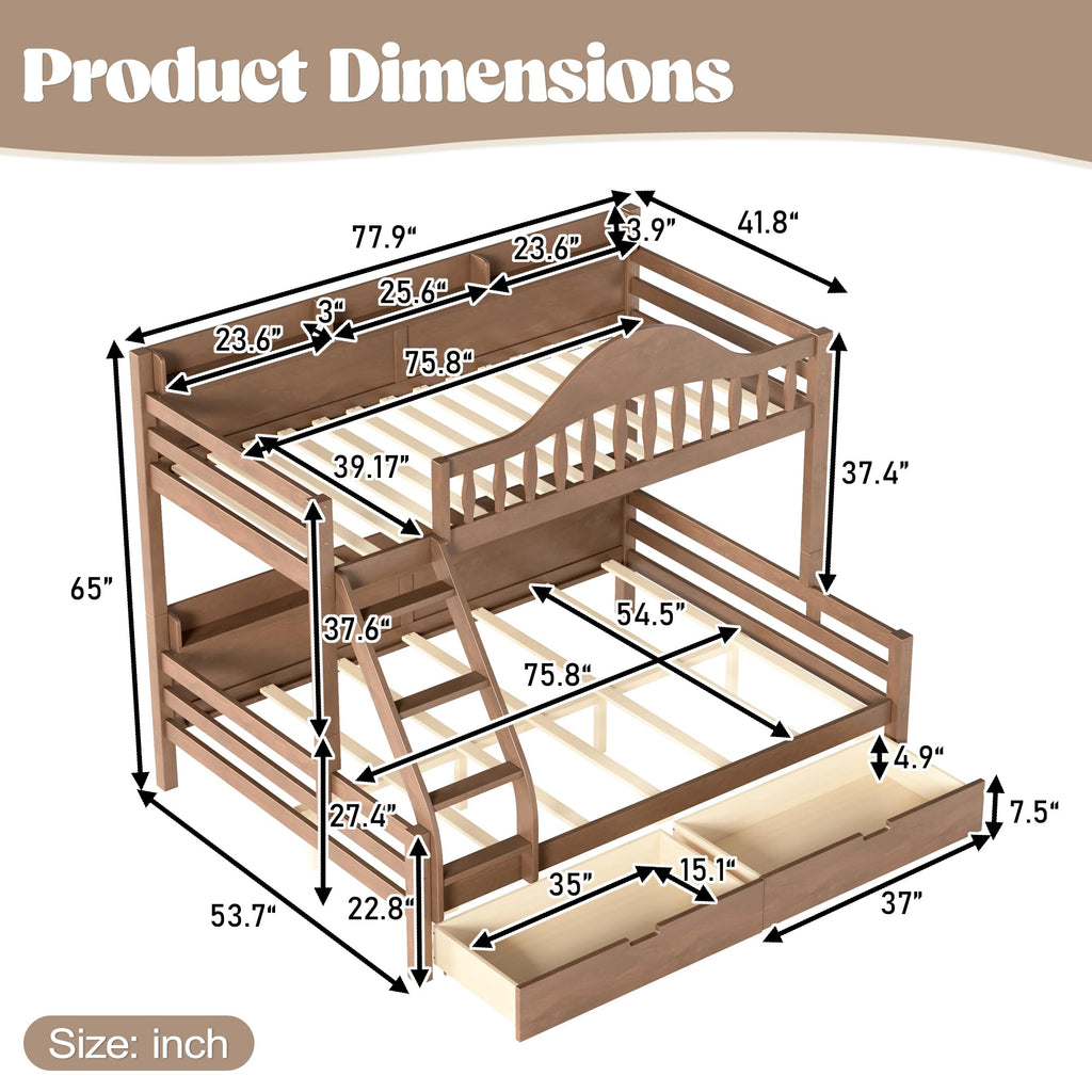 Twin Over Full Size Wooden Bunk Bed with Drawers & Ladder I527752