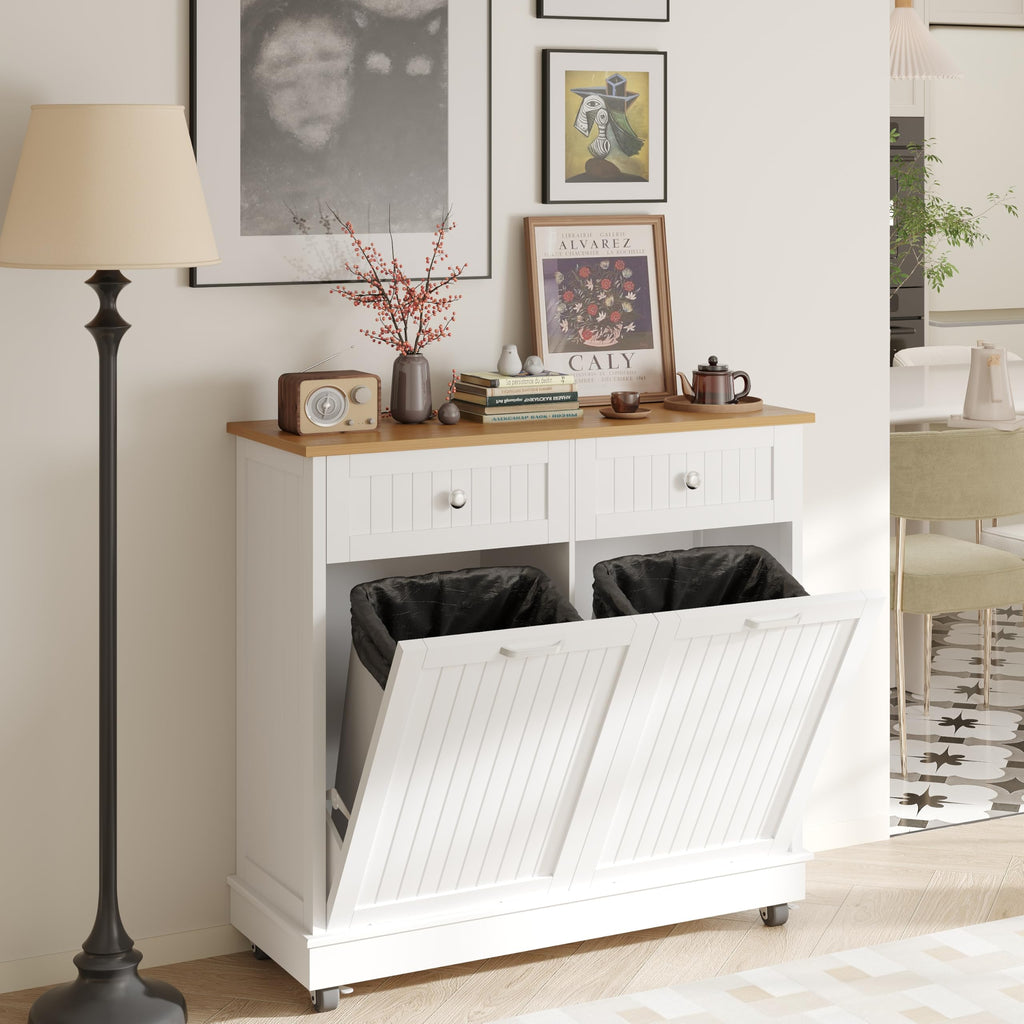 White 20 Gallons Tilt-Out Trash Can Cabinet B83555