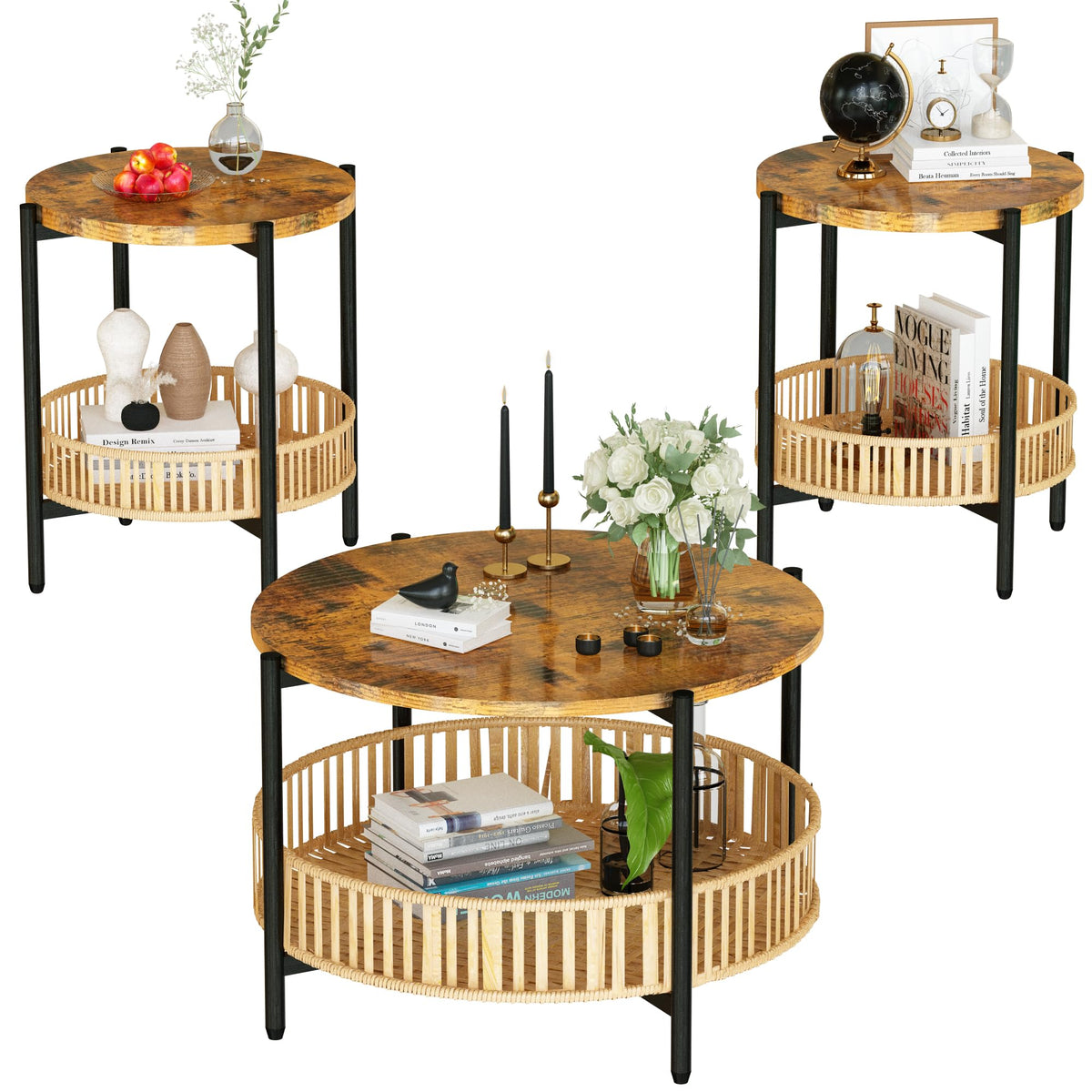3 Pieces 2 Tier Round Rattan Coffee Table Set with Metal Frame Q719