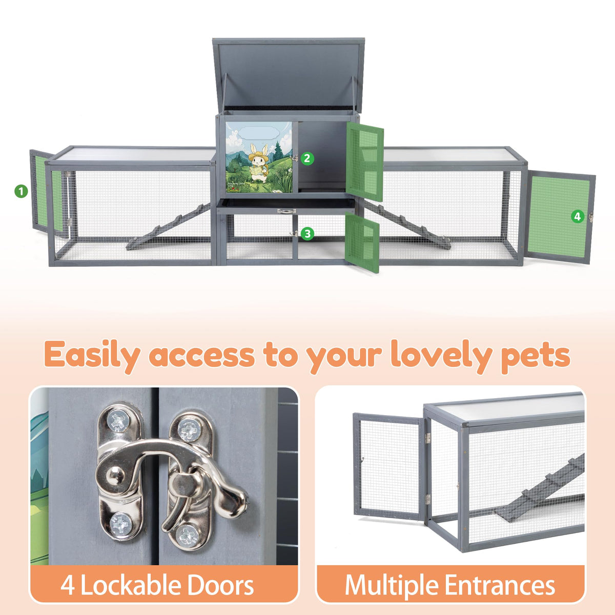 94.5" 2-Story Wooden Rabbit Hutch with Pull-Out Tray P1536