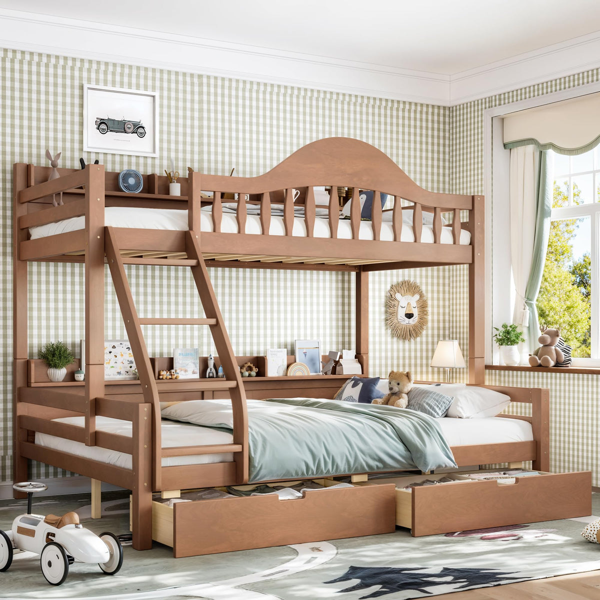 Twin Over Full Size Wooden Bunk Bed with Drawers & Ladder I527752